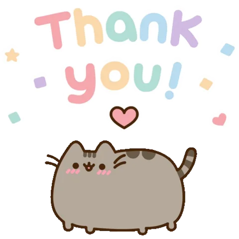 Серый кот Пушин с розовыми щечками и полосками на спине, надпись «Thank you!» разноцветными буквами, сердечко и конфетти.
