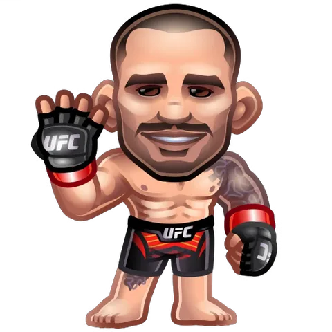 Анимированный персонаж-боец ММА в шортах и перчатках с надписью UFC, улыбающийся и поднимающий руку для приветствия.