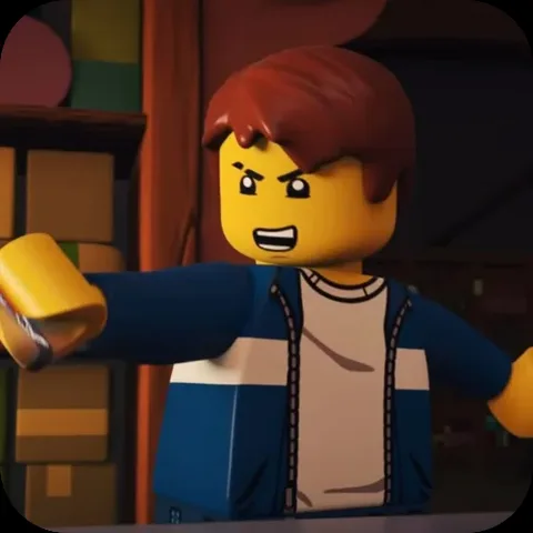 Анимация персонажа Джея из LEGO Ninjago в синей куртке. Он сердито смотрит в сторону, широко открыв рот, и энергично машет руками, словно спорит или объясняет что-то важное.