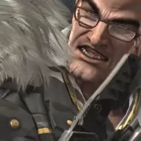 Анимация из игры Metal Gear Rising: Revengeance. Сначала крупный план лица Сэма в очках с сигарой, затем он резко отлетает назад, переворачиваясь в воздухе на фоне горящего здания.