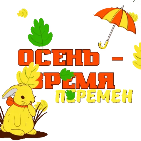 Анимированный стикер с жёлтым кроликом и падающими листьями на фоне текста про осень.