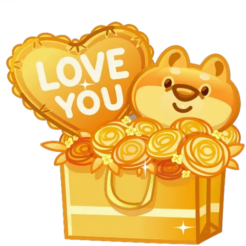 Золотая подарочная сумка с цветами и шариком «Love You», из которой выглядывает пёсик сиба-ину.