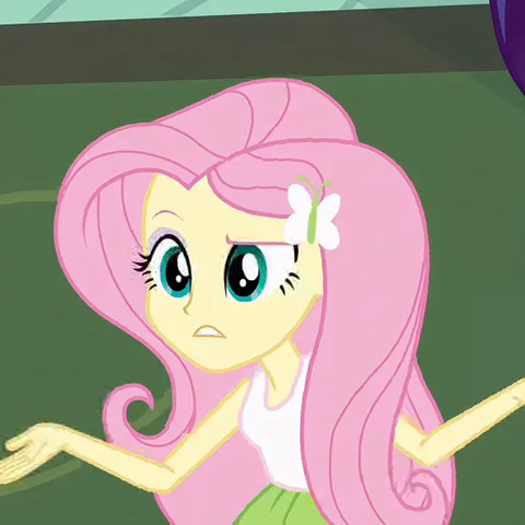Анимация персонажа Флаттершай из My Little Pony: Equestria Girls, которая делает жест «не знаю» и пожимает плечами.