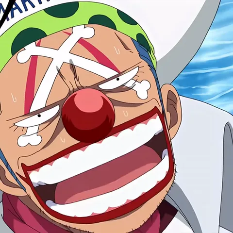Анимация персонажа Багги из аниме One Piece. Он поднимает руку с большим пальцем вверх, широко улыбается, а затем его выражение лица меняется на испуганное, рот открывается в крике.