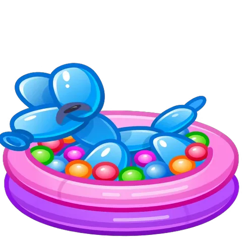 Анимация голубого пуделя из воздушного шара, который скачет в розовом бассейне с разноцветными шариками.