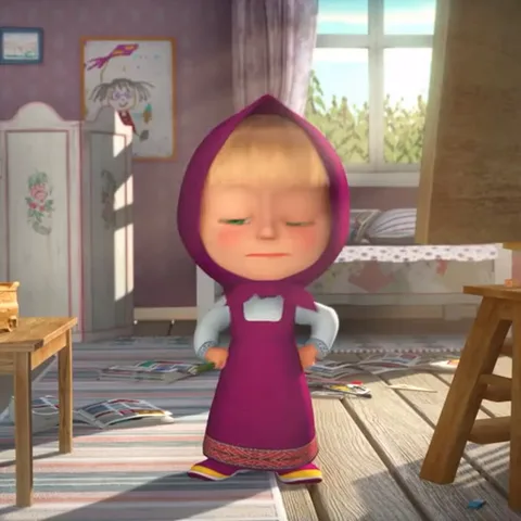Анимация с Машей из мультфильма «Маша и Медведь», которая дразнится языком и пританцовывает.