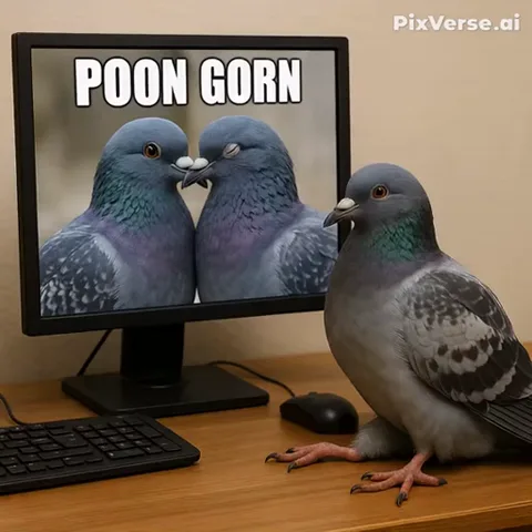 Серый голубь на компьютерном столе перед монитором с текстом POON GORN. Птица поворачивается и испражняется на клавиатуру.