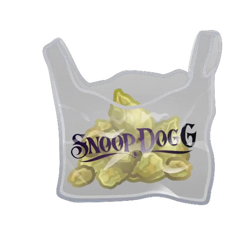 Анимированный прозрачный пакет с надписью Snoop Dogg и золотыми кусочками внутри, которые двигаются.