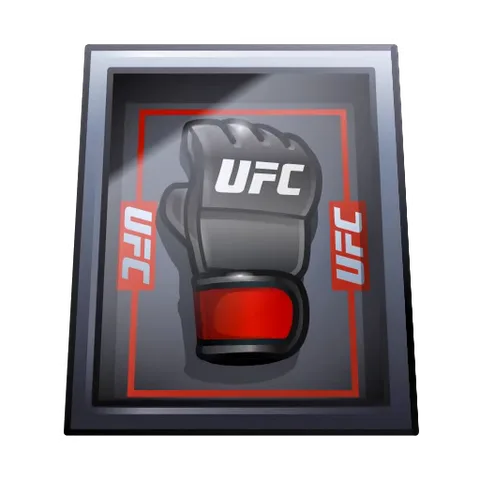 Серая боевая перчатка с надписью UFC внутри металлической рамки, которая вращается на прозрачном фоне.