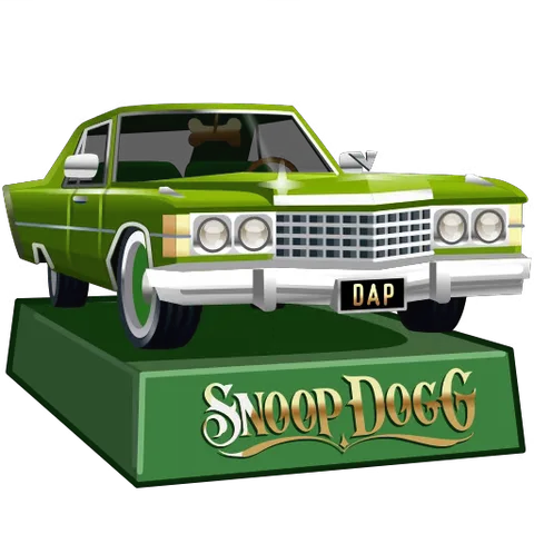 Зелёный автомобиль в стиле лоурайдер на постаменте с надписью Snoop Dogg, анимация покачивания.
