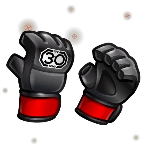Черные спортивные перчатки с надписью UFC 30 лет и красными манжетами, окруженные мерцающими звездами.