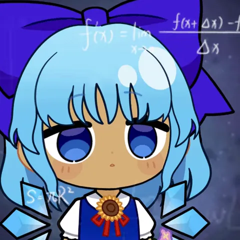 Чibi персонаж Цирно из Touhou Project с голубыми волосами и синими глазами, вокруг неё летают белые формулы по алгебре и геометрии.