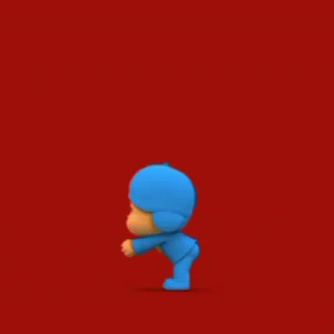 Анимация персонажа Pocoyo, который весело танцует боком на однотонном красном фоне.