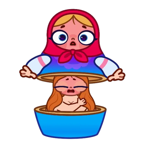 Милая мультяшная матрёшка в красном платке открывается, демонстрируя внутри маленького рыдающего персонажа, затем закрывается и улыбается.