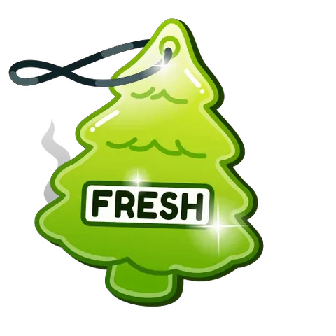 Покачивающийся зелёный ароматизатор в виде ёлочки с надписью FRESH и исходящими дымками.