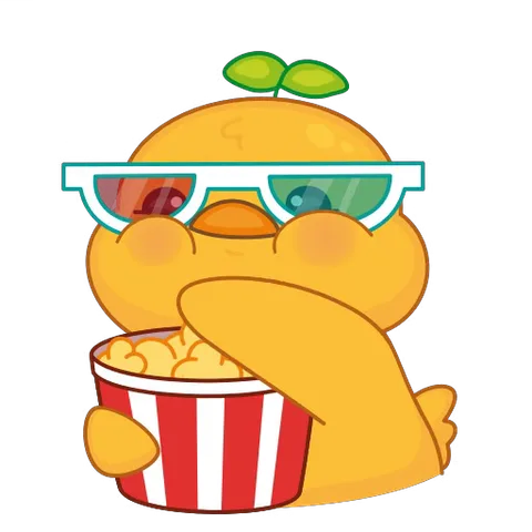 Желтый цыпленок в 3D-очках ест попкорн.