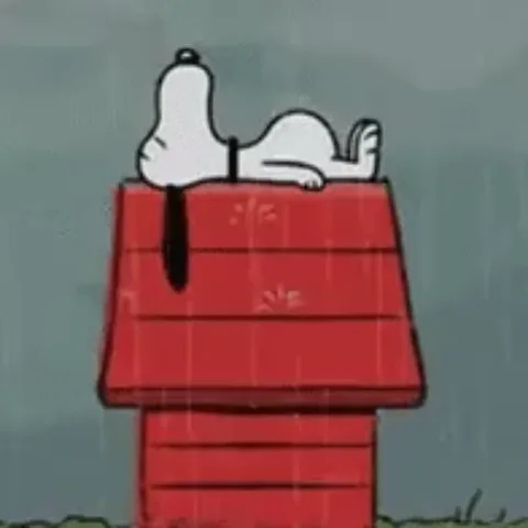 Анимация с персонажем Снупи из Peanuts, лежащим на крыше красной будки во время дождя.