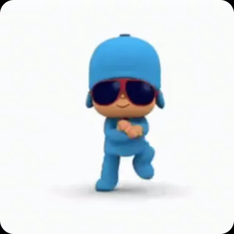 3D-персонаж Pocoyo в синем костюме и тёмных очках выполняет простой танцевальный цикл на белом фоне.