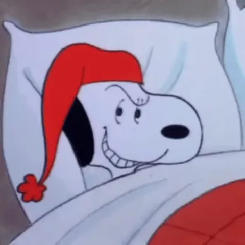 Анимация с персонажем Снупи из Peanuts, лежащим в постели в рождественской шапке.