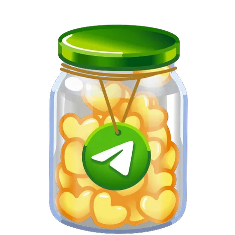 Анимированная стикер-банка с зеленым крышками и биркой Telegram, полная светящихся желтых сердец.