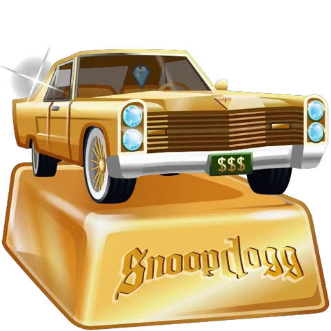Золотой винтажный автомобиль на постаменте с именем Snoop Dogg, совершающий движения на подвеске.
