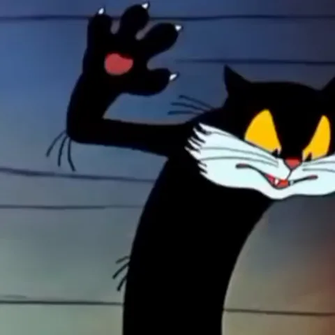 Анимация чёрного кота, который хитро улыбается и потирает лапы.