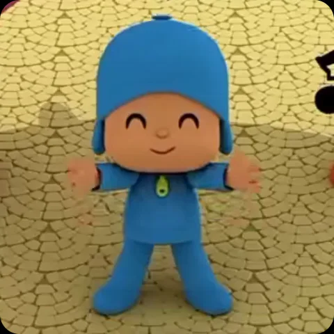 Анимация персонажа Pocoyo, который улыбается и двигает руками под музыку.