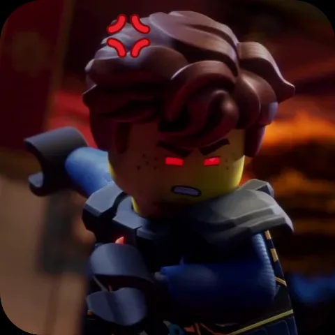 Анимация персонажа Джея из LEGO Ninjago в броне с горящими красными глазами и знаком злости над головой.