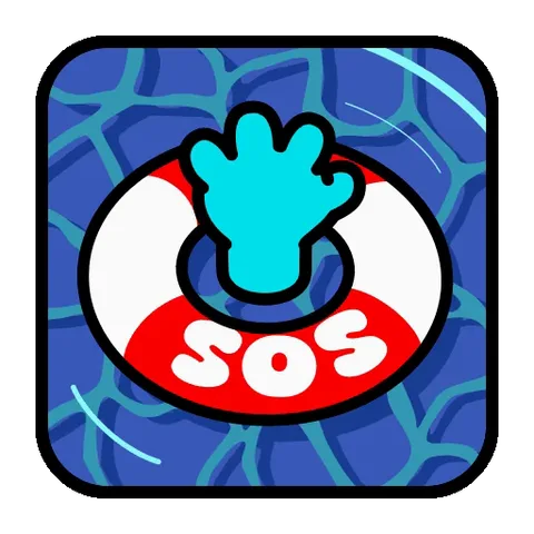 Красно-белый спасательный круг с текстом SOS и голубая рука, торчащая из центра круга, на фоне синей воды.