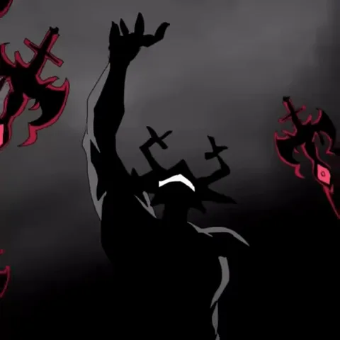 Анимация из игры Deltarune: чёрный силуэт персонажа с рогами поднимает руку, вокруг него появляются летающие красные копья, внизу видны фигуры поверженных героев.