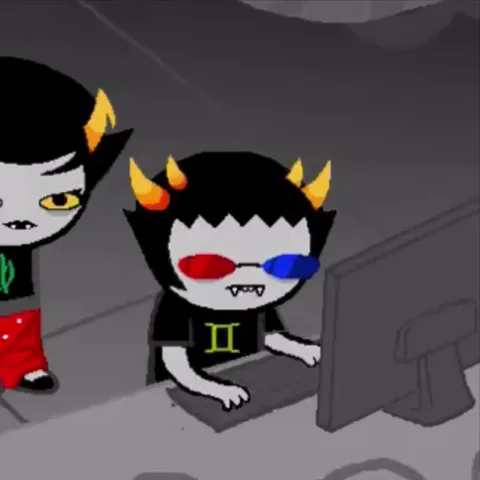 Анимация с двумя троллями из Homestuck: один в 3D-очках работает за клавиатурой, второй наблюдает со стороны.