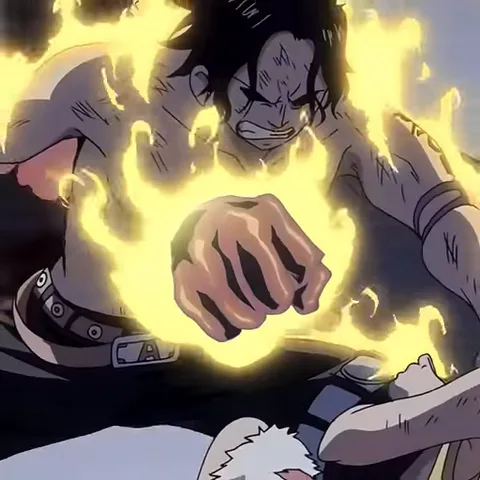 Анимация из аниме «One Piece», где Эйс в бешенстве сжимает кулак, окутанный огнём, чтобы защитить раненого Луффи от атаки адмирала.