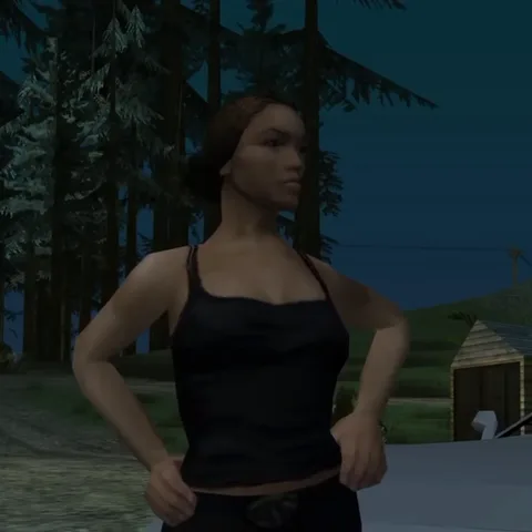 Анимация девушки в черном топе из игры GTA San Andreas, которая стоит на фоне леса и поворачивает голову из стороны в сторону.