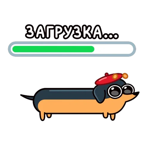 Длинная такса в красной шапке смотрит вверх на бегущую зелёную шкалу загрузки.