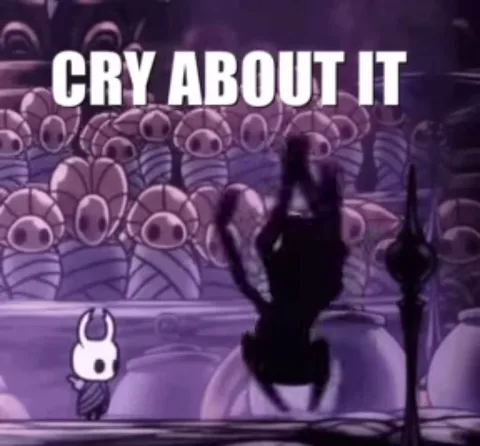 Анимация с персонажем Хорнёт из игры Hollow Knight, которая машет руками и дразнит зрителя надписью «Плачь об этом».