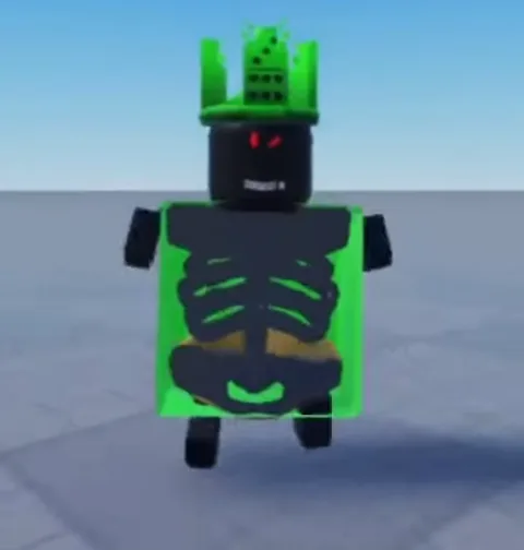 Анимация блочного персонажа из Roblox с чёрным лицом, красными глазами и короной в виде здания. На торсе виден принт со скелетом.