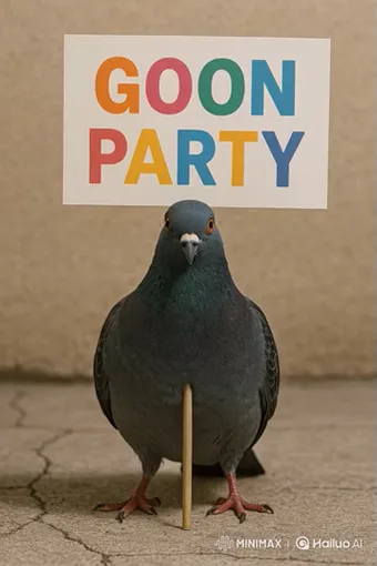 Серый голубь на тротуаре держит табличку с надписью GOON PARTY, затем камера отъезжает, показывая торт с такой же надписью и праздничное оформление.