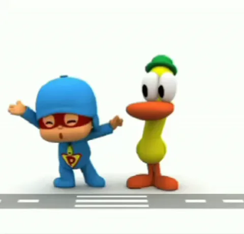 Анимация из мультсериала «Покóйо»: главный герой в костюме супергероя танцует перед другом-уткой на белой дороге.