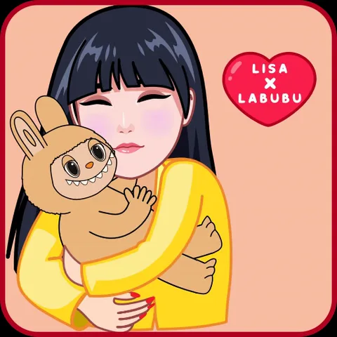 Анимация, где девушка обнимает плюшевого монстра Labubu на фоне сердца с текстом коллаборации.