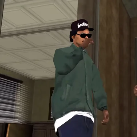 Анимация персонажа из игры GTA San Andreas, который курит сигарету.