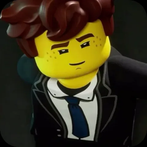 Анимация персонажа Джея из LEGO Ninjago в деловом костюме, который слегка наклоняет голову из стороны в сторону.