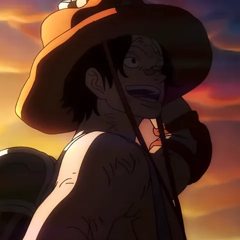 Анимация персонажа Эса из аниме One Piece, который смеется на фоне заката.