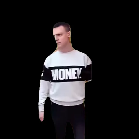 Анимация: парень в свитере с надписью MONEY наклоняется к камере.