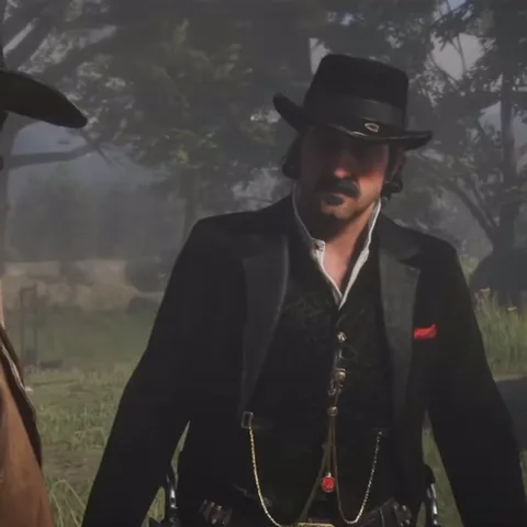 Анимация из игры Red Dead Redemption II: ковбой с усами в черной шляпе и костюме разворачивается спиной к камере и уходит в туман.