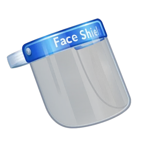 Анимация синего лицевого щитка с надписью Face Shield, который блокирует атаки зеленых вирусных частиц.