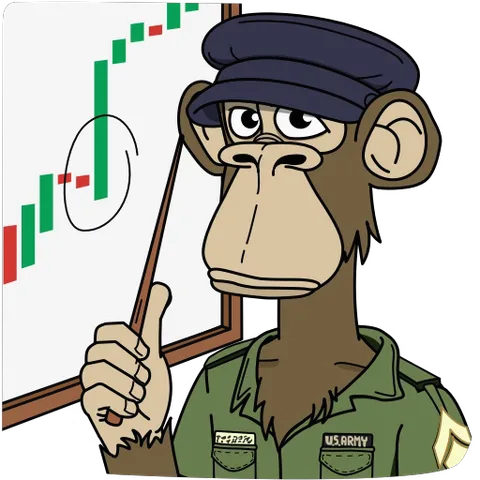 Анимация обезьяны в стиле Bored Ape, которая держит указку и показывает на доске график роста цен.