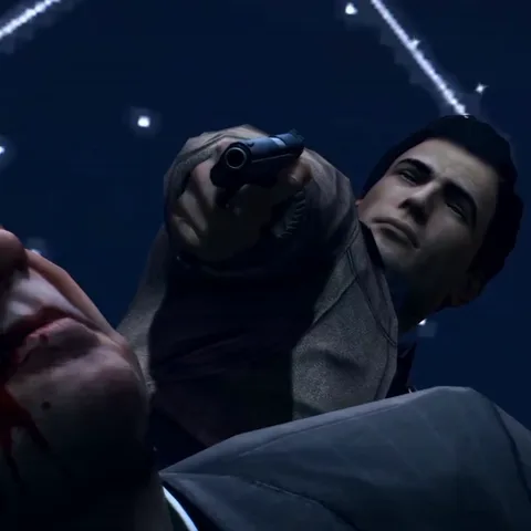 Анимация от первого лица, где мужчина в пальто целиится из пистолета сверху вниз, а затем виден труп на полу.