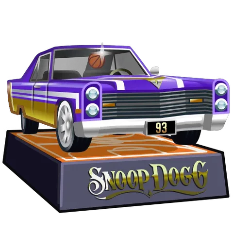 Фиолетовый автомобиль с надписью Snoop Dogg на постаменте, подпрыгивающий на гидравлике.