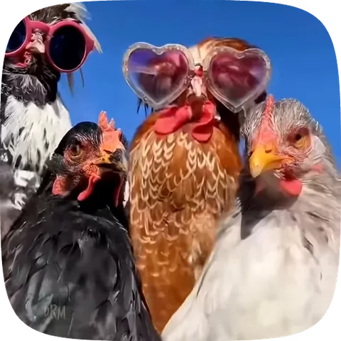 Анимация с курами в солнцезащитных очках, которые двигают головами на фоне синего неба.