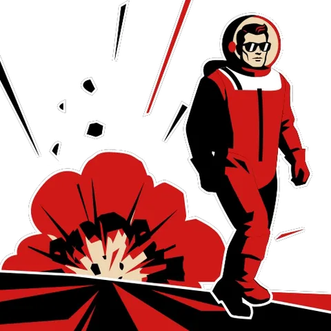 Анимация стилизованного космонавта в красном скафандре и темных очках, который уходит от взрыва с уверенным видом.